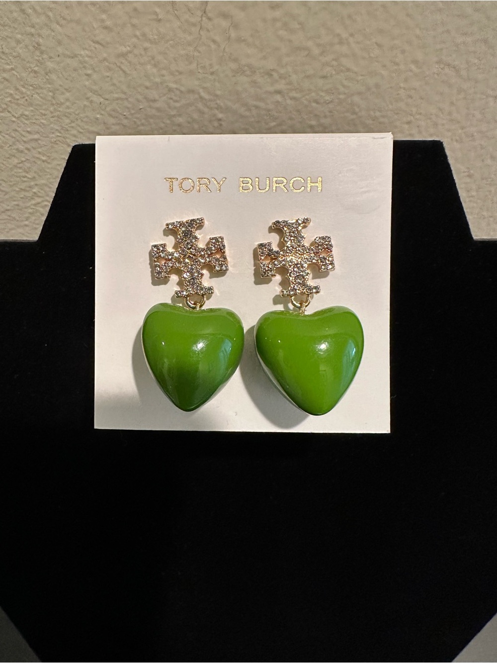 Tory Burch Gold Logo Earrings with Green drop Hearts